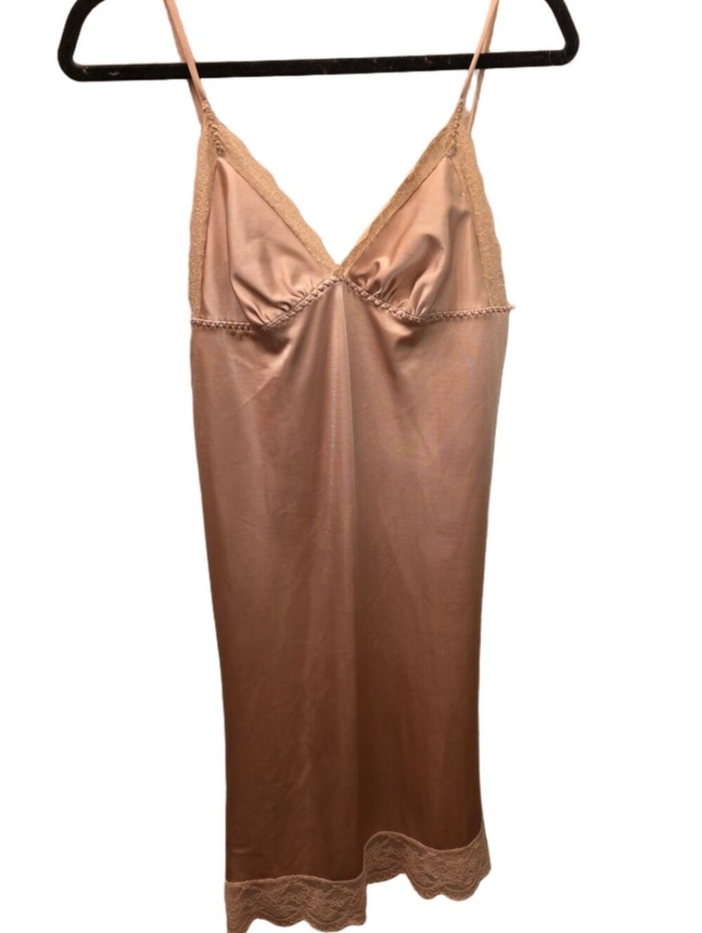 Vintage Champagne Satin Slip Dress Lace Trim Nightgown Lingerie Size 38